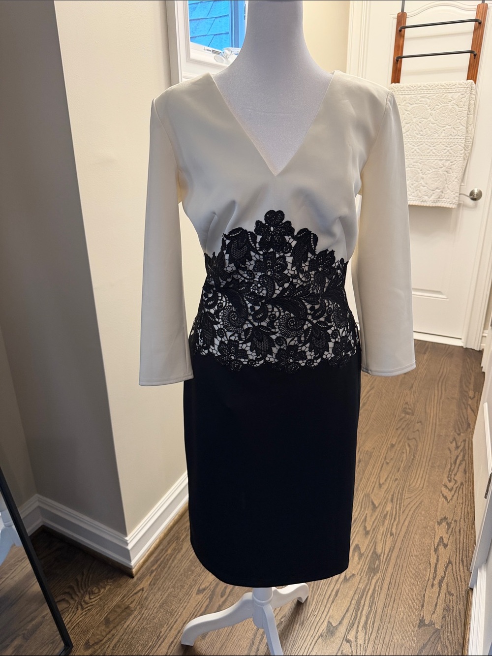 Tadashi Shoji Ivory Top with Black Lace Waist Sheath Dress